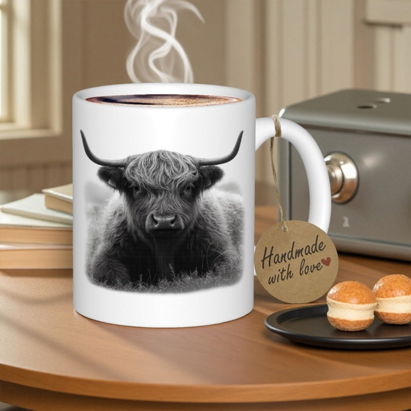 Tailorly White Ceramic 11 oz Mug - Handmade With Love Realistic Monochrome Portrait Featuring A Long Horned Shaggy Highland Cow