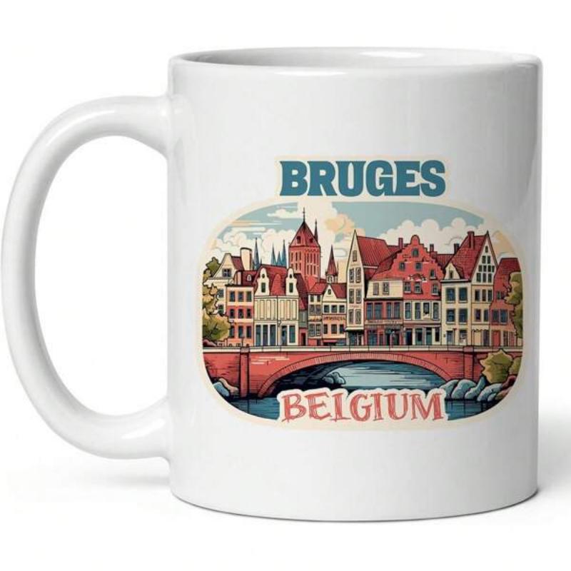 Tailorly White Ceramic 11 oz Mug - Bruges Belgium Vintage Illustrated European Buildings Above Stone Bridge Over Blue Water Townscape