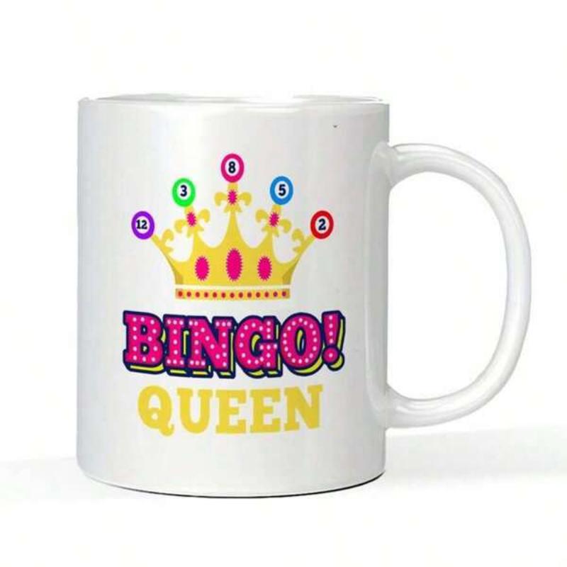 Tailorly White Ceramic 11 oz Mug - Bingo Queen Golden Crown Featuring Colorful Numbered Game Balls And Bold Lettering Crown