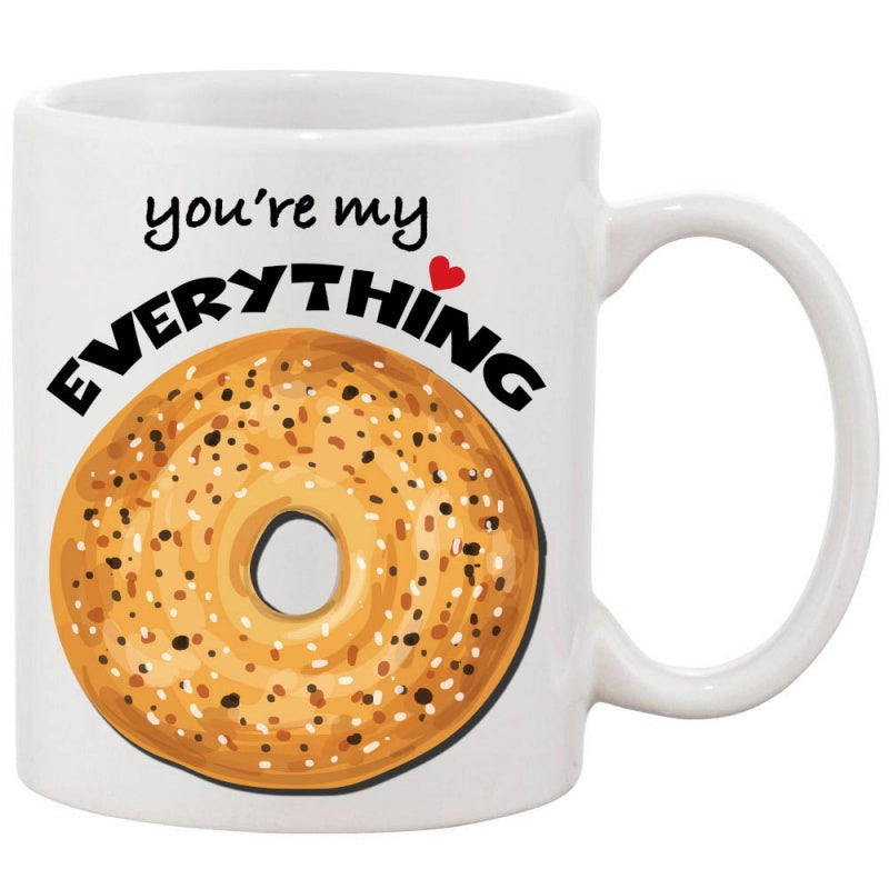 Tailorly White Ceramic 11 oz Mug - Youre My Everything Delicious Freshly Baked Toasted Food With Small Red Heart Bagel