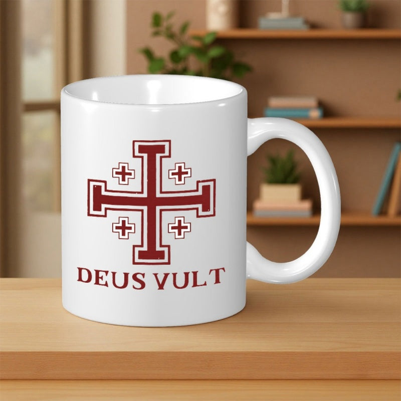 Tailorly White Ceramic 11 oz Mug - Deus Vult Historic Red Jerusalem Cross Symbol Featuring Intricate Medieval Heraldic Design Cross
