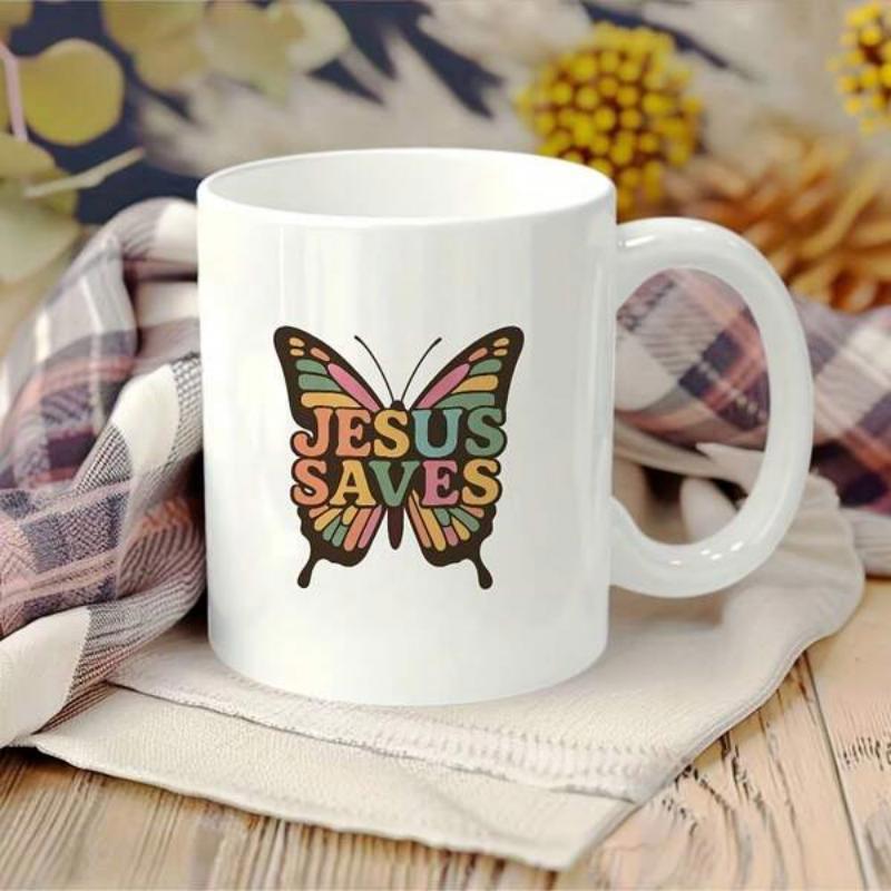 Tailorly White Ceramic 11 oz Mug - Jesus Saves Retro Inspired Colorful Wings With Bold Vibrant Vintage Texture Butterfly