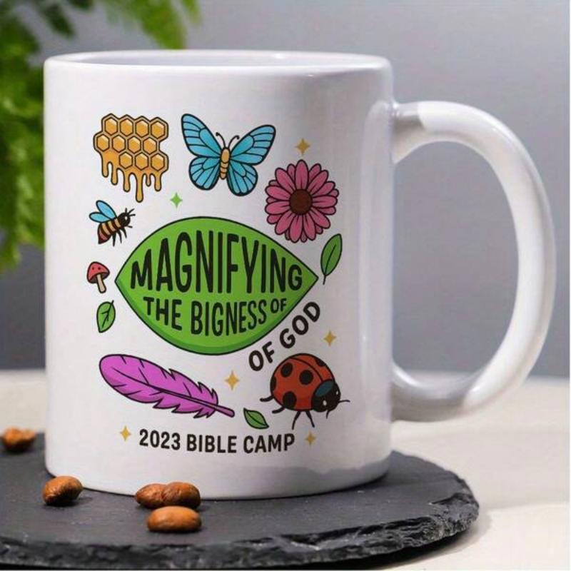 Tailorly White Ceramic 11 oz Mug - Magnifying The Bigness Of God 2023 Bible Camp Vibrant Colorful Insects And Flowers Gathering Around A Spiritual Religious Garden