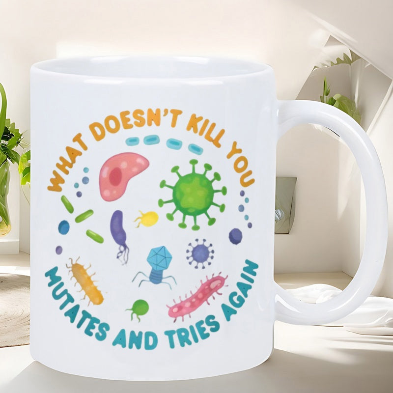 Tailorly White Ceramic 11 oz Mug - What Doesn't Kill You Mutates And Tries Again Colorful Cartoon Microbes And Virus Particles Floating Scientific Pattern Microbe