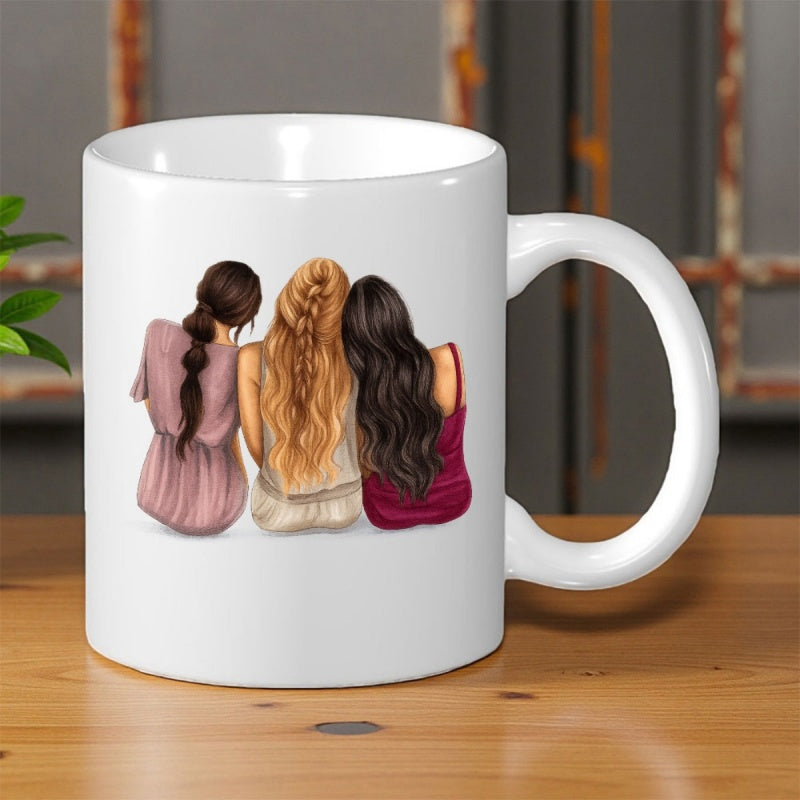 Tailorly White Ceramic 11 oz Mug - Three Women Sitting Together With Elegant Hair Styles And Colorful Dresses Friends