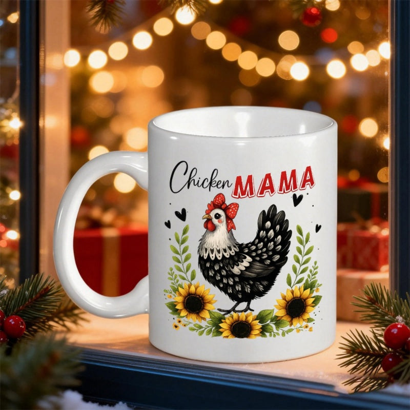 Tailorly White Ceramic 11 oz Mug - Chicken Mama Festive Speckled Hen With Red Bow And Vibrant Sunflowers Among Hearts Hen
