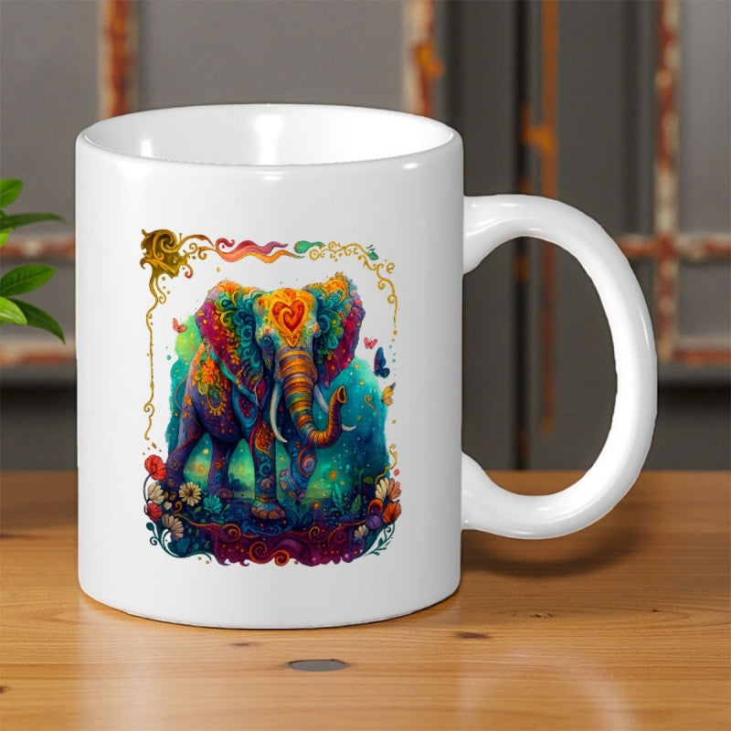 Tailorly White Ceramic 11 oz Mug - Vibrant Colorful Artistic Patterns Within Decorative Golden Swirling Frame Surrounding Elephant
