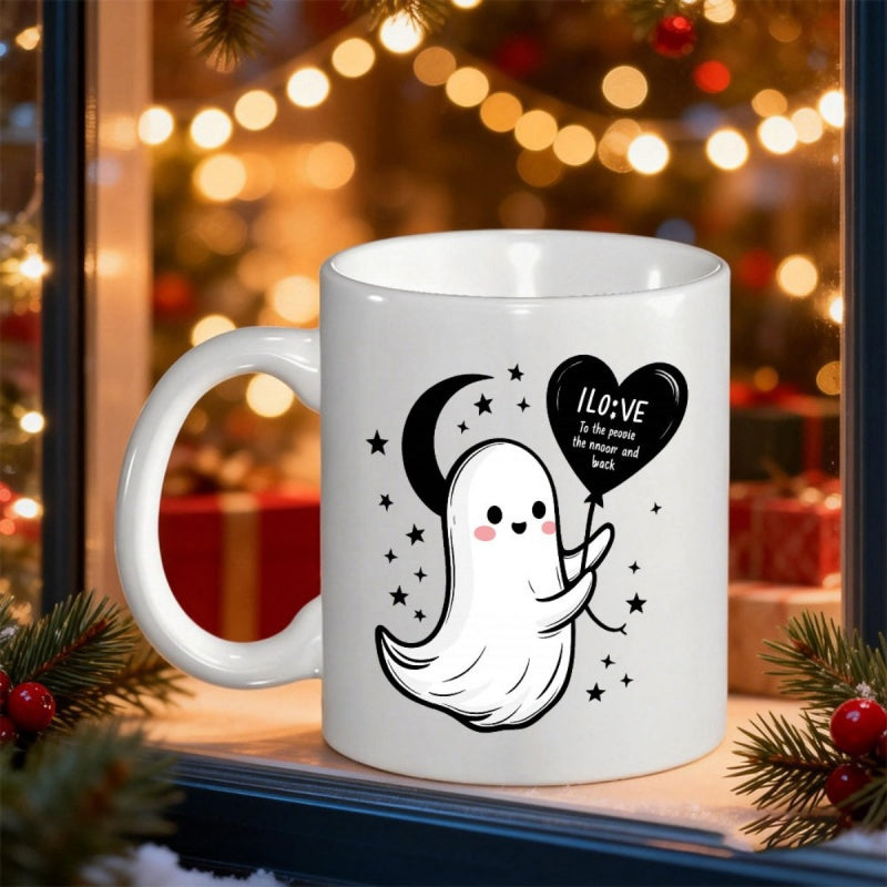 Tailorly White Ceramic 11 oz Mug - I Love You To The Moon And Back Adorable Little Ghost Holding Heart Balloon Under Moon And Stars Ghost