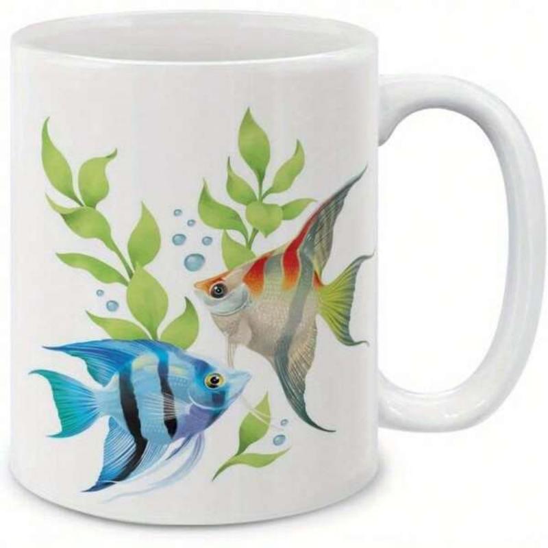 Tailorly White Ceramic 11 oz Mug - Colorful Tropical Aquatic Scene With Bubbles And Vibrant Green Seaweed Angelfish