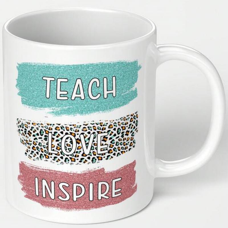 Tailorly White Ceramic 11 oz Mug - Teach Love Inspire Vibrant Glitter Brushstrokes Arranged With Wild Leopard Pattern Print Design