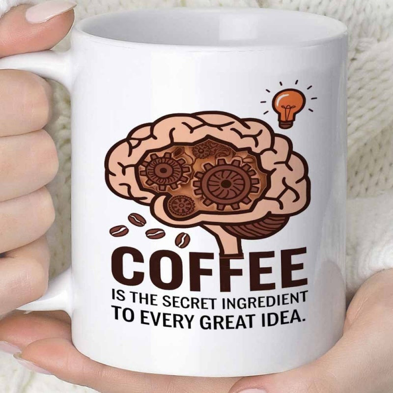 Tailorly White Ceramic 11 oz Mug - Coffee Is The Secret Ingredient To Every Great Idea Intricate Mechanical Gears Within Human Mind Surrounded By Coffee Beans