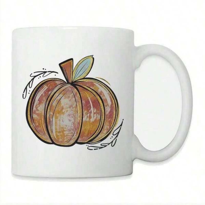 Tailorly White Ceramic 11 oz Mug - Hand Drawn Artistic Rustic Autumn Harvest With Delicate Leaf Accents Pumpkin