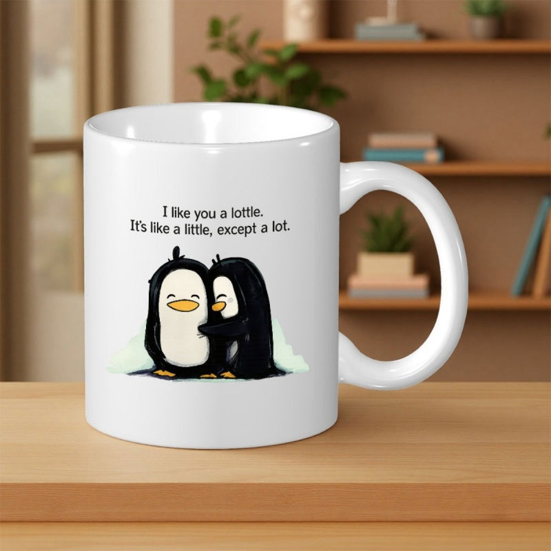Tailorly White Ceramic 11 oz Mug - I Like You A Lottle It Is Like A Little Except A Lot Two Cute Adorable Cartoon Animals Embracing Each Other With Joyful