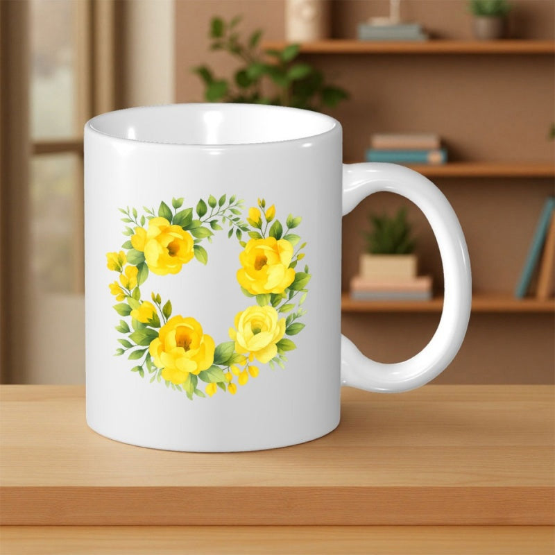 Tailorly White Ceramic 11 oz Mug - Vibrant Yellow Blossoming Roses Arranged In A Delicate Green Leaf Wreath