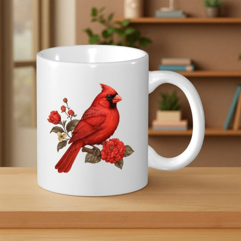 Tailorly White Ceramic 11 oz Mug - Vibrant Red Bird Perched Among Elegant Blooming Roses And Greenery Cardinal