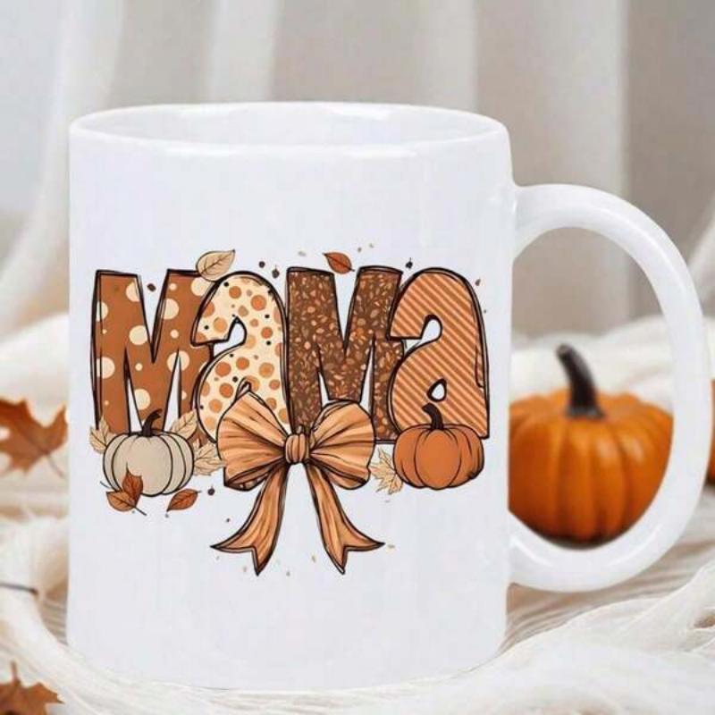Tailorly White Ceramic 11 oz Mug - Mama Autumn Pumpkins With Decorative Leopard Print Patterns And Elegant Festive Bow Mama