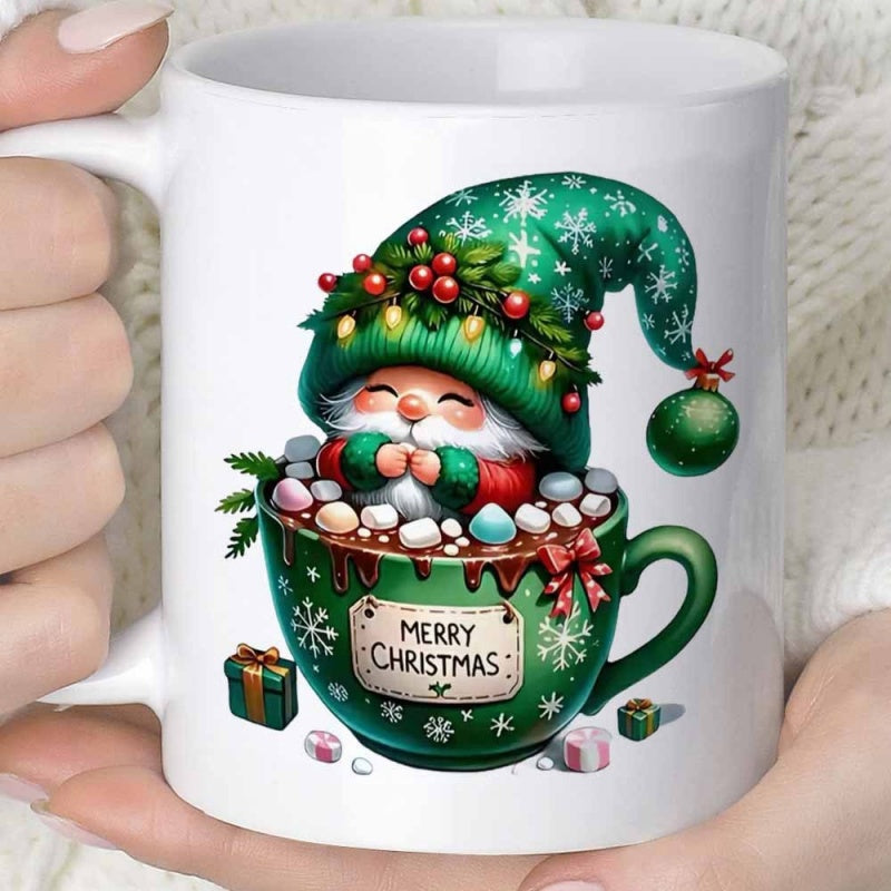 Tailorly White Ceramic 11 oz Mug - Merry Christmas Cute Festive Character Sitting Inside Hot Cocoa Cup Gnome