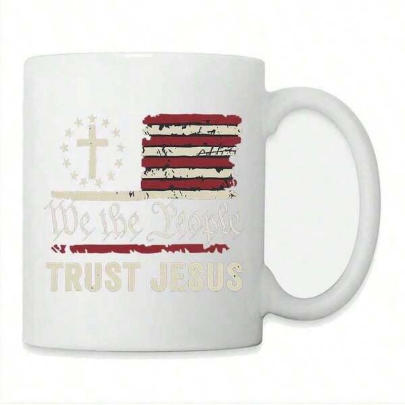 Tailorly White Ceramic 11 oz Mug - We The People Trust Jesus Weathered Patriotic Stripes With Sacred Cross Symbol And Bold Scripture Mug