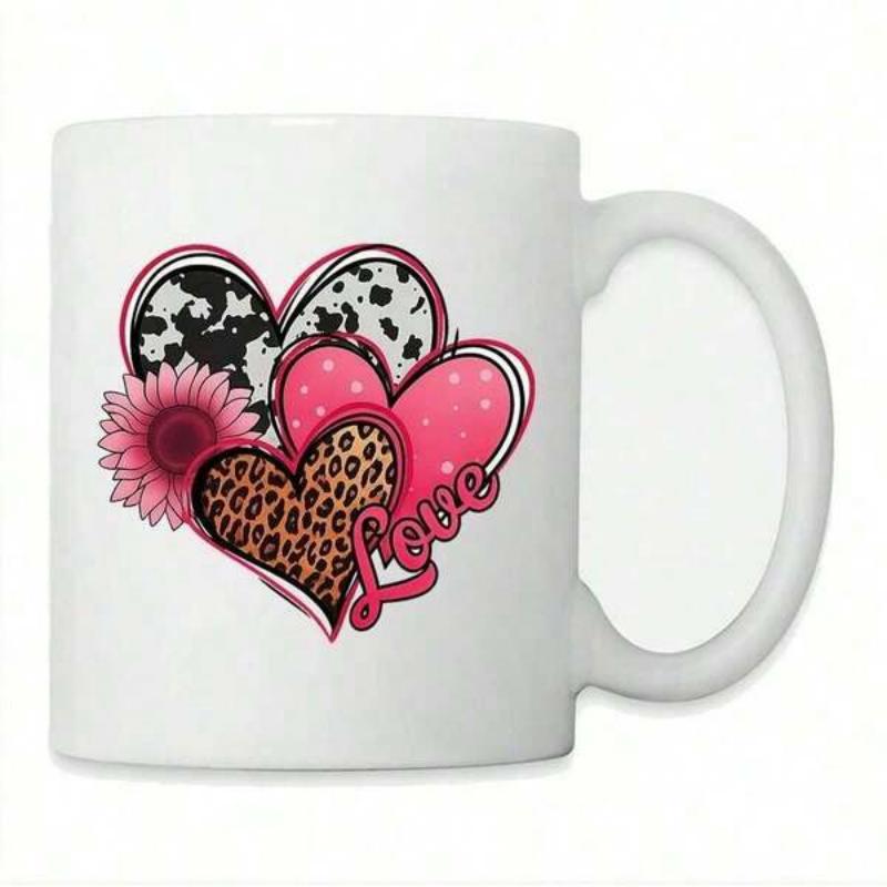 Tailorly White Ceramic 11 oz Mug - Love Artistic Overlapping Patterns Featuring Leopard Print And Pink Flower Heart
