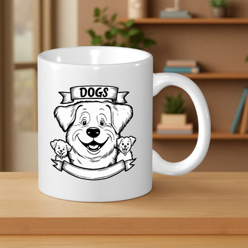 Tailorly White Ceramic 11 oz Mug - Dogs Black And White Hand Drawn Sketch With Banners Featuring Friendly Smiling Dog
