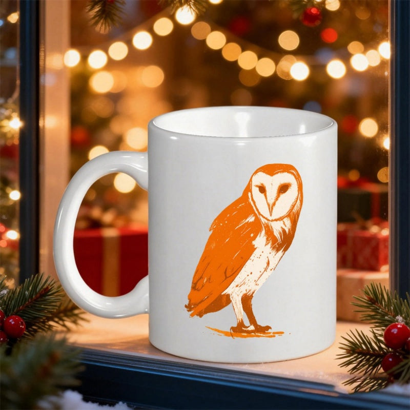 Tailorly White Ceramic 11 oz Mug - Hand Drawn Stylized Orange Barn Owl Standing Gracefully On A Surface Owl