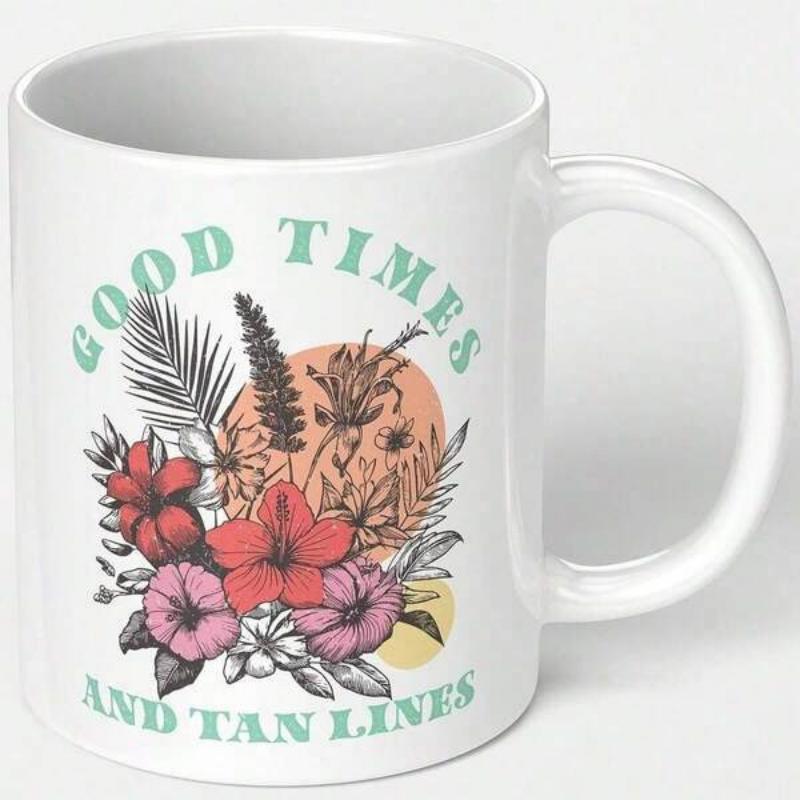 Tailorly White Ceramic 11 oz Mug - Good Times And Tan Lines Vibrant Tropical Hibiscus Flowers Among Palm Leaves Under A Warm Glowing Sun Flower