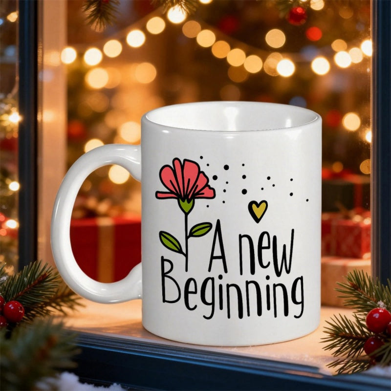 Tailorly White Ceramic 11 oz Mug - A New Beginning Hand Drawn Pink Flower With Green Leaves And Small Yellow Heart Flower