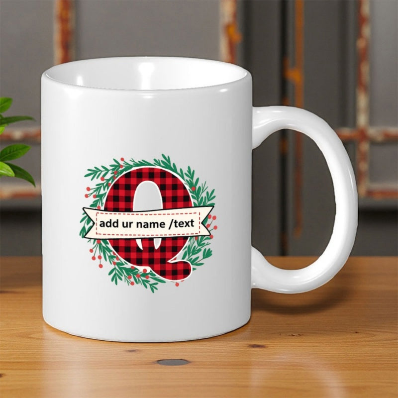 Tailorly White Ceramic 11 oz Mug - Add Name Text Red And Black Plaid Monogram Letter Q Nestled Within Festive Evergreen Pine Wreath