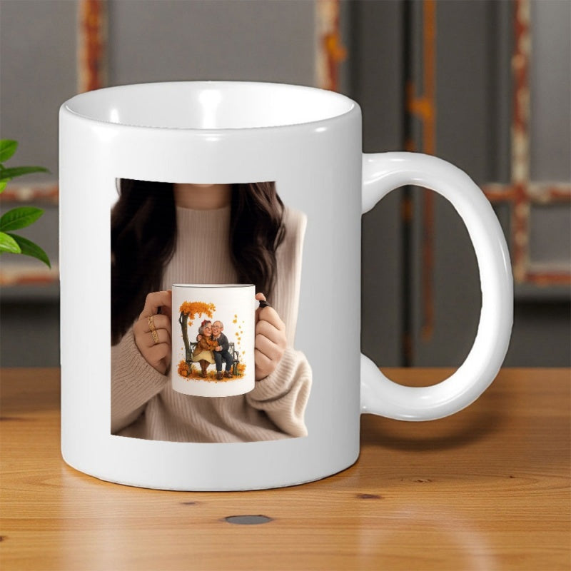 Tailorly White Ceramic 11 oz Mug - Woman Hands Holding White Cup Featuring Elderly Couple Sitting Under Autumn Tree Mug