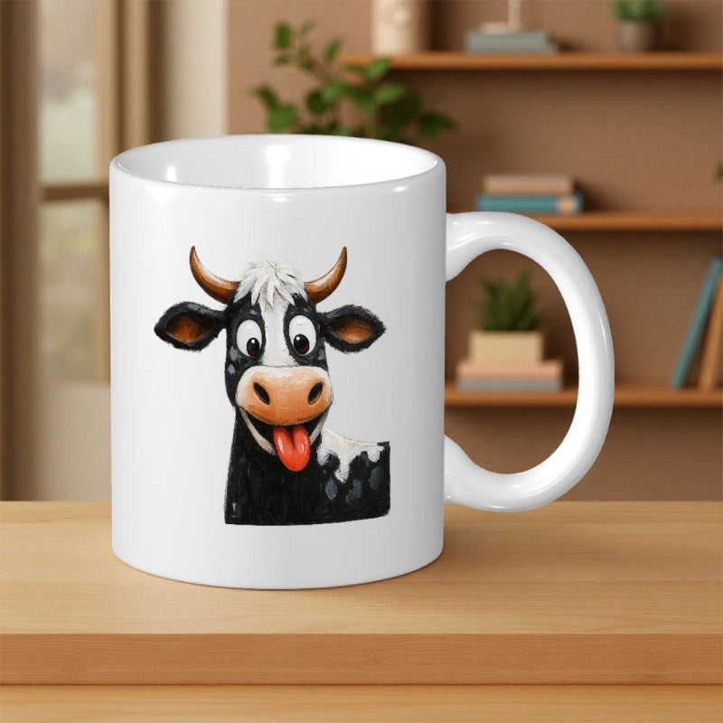 Tailorly White Ceramic 11 oz Mug - Funny Cartoon Head With Expressive Face And Playful Tongue Out Cow