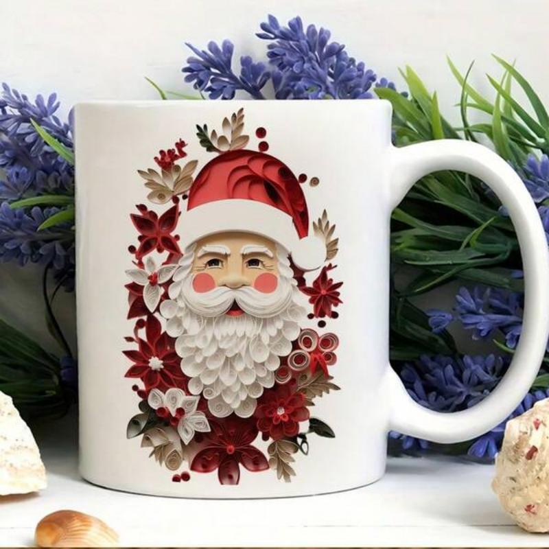 Tailorly White Ceramic 11 oz Mug - Festive Santa Head With Red Poinsettias And Detailed Textured Beard Santa Claus