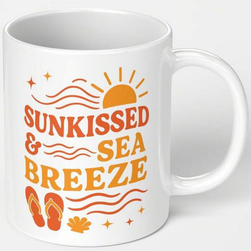 Tailorly White Ceramic 11 oz Mug - Sunkissed Sea Breeze Vibrant Retro Waves With Flip Flops Under A Radiant Warm Sun