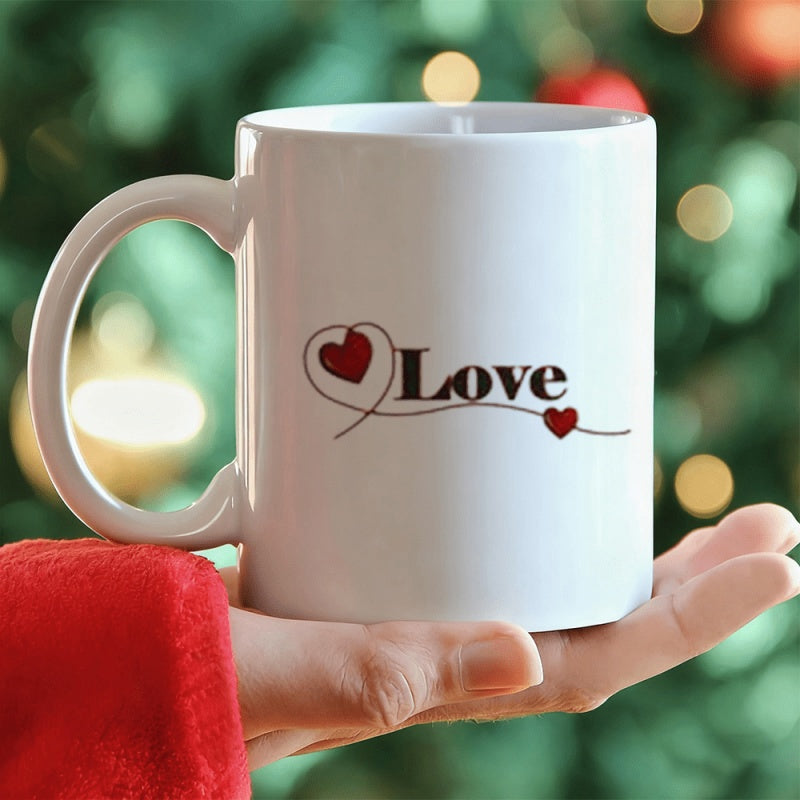 Tailorly White Ceramic 11 oz Mug - Love Red Hearts Connected By Delicate Black Swirling Line On