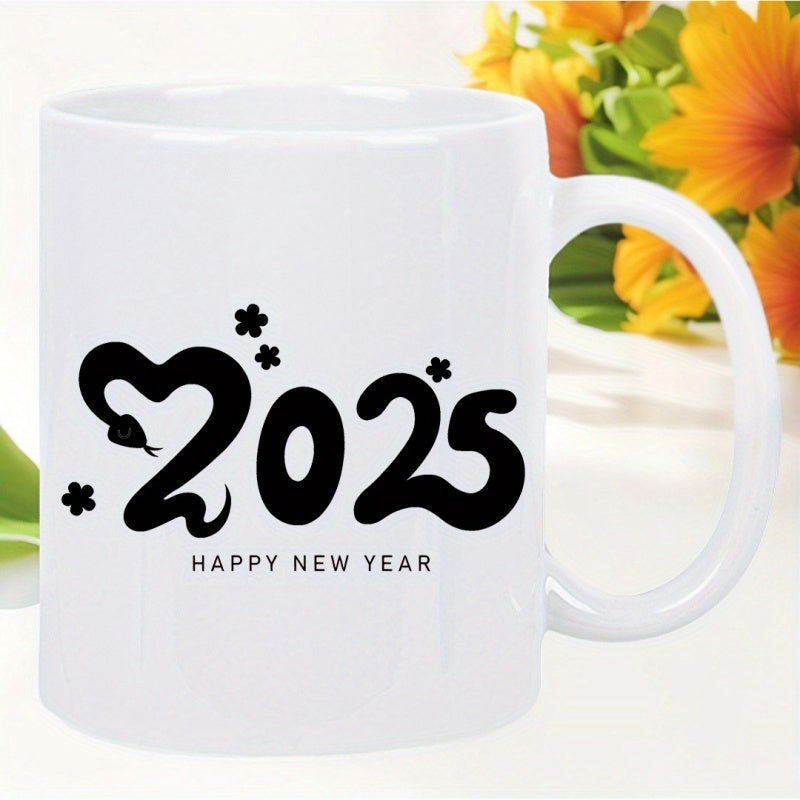 Tailorly White Ceramic 11 oz Mug - Happy New Year Stylized Artistic Number Two Shaped Like A Snake Among Small Flowers Snake