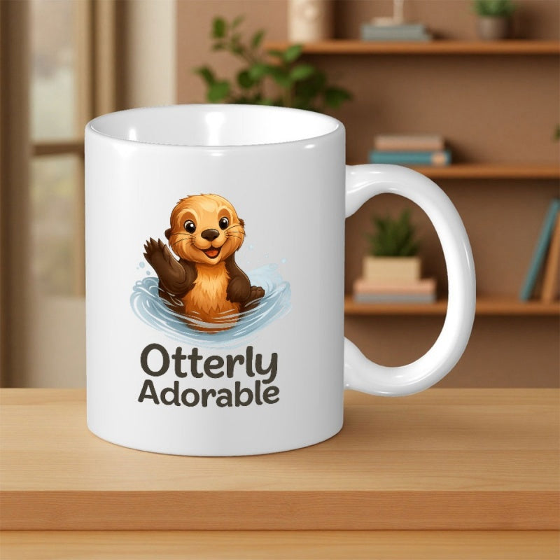 Tailorly White Ceramic 11 oz Mug - Otterly Adorable Smiling Cartoon Sea Otter Waving A Paw While Floating In Blue Water Otter