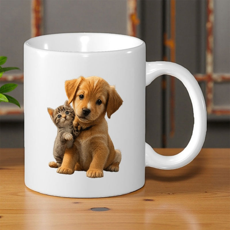 Tailorly White Ceramic 11 oz Mug - Adorable Golden Puppy Sitting Closely Beside Tiny Striped Grey Tabby Kitten