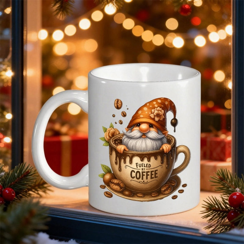 Tailorly White Ceramic 11 oz Mug - Fueled By Coffee Adorable Bearded Character Sitting Inside A Warm Overflowing Coffee Cup Gnome