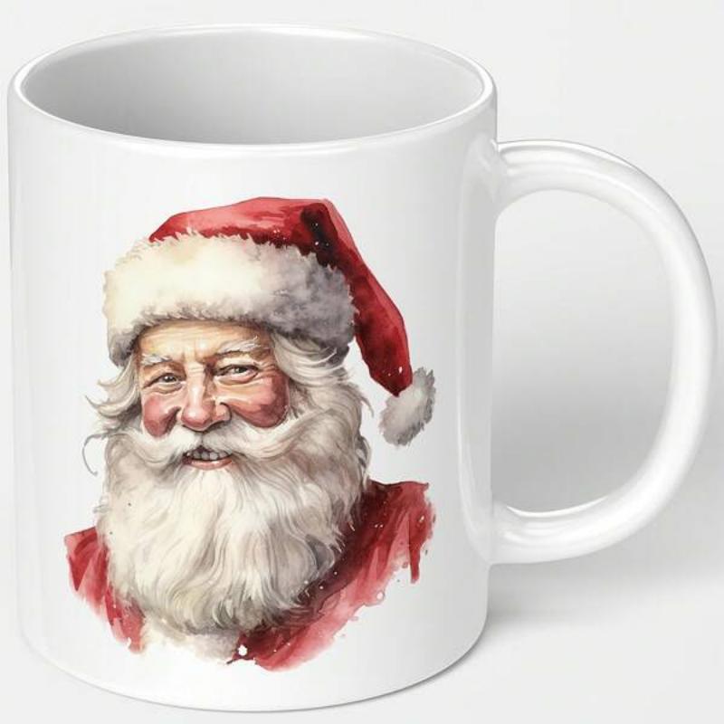 Tailorly White Ceramic 11 oz Mug - Vintage Watercolor Style With Red Hat And Fluffy White Beard Santa
