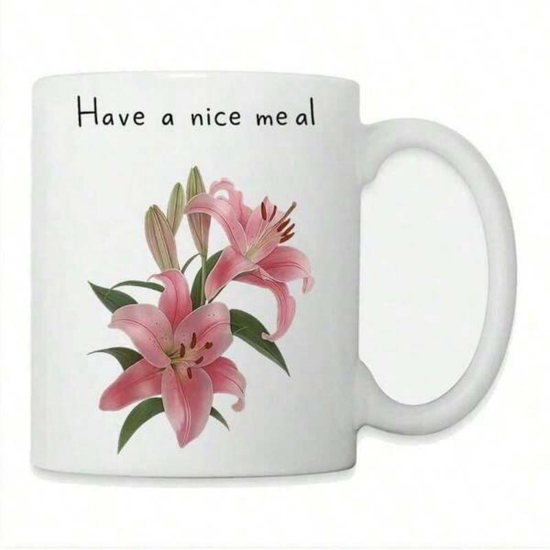 Tailorly White Ceramic 11 oz Mug - Have A Nice Meal Blooming Pink Petals With Green Leaves Under Soft Bright Light Lily