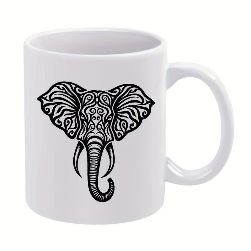 Tailorly White Ceramic 11 oz Mug - Intricate Tribal Pattern Mandala Style Detailed Majestic African Elephant