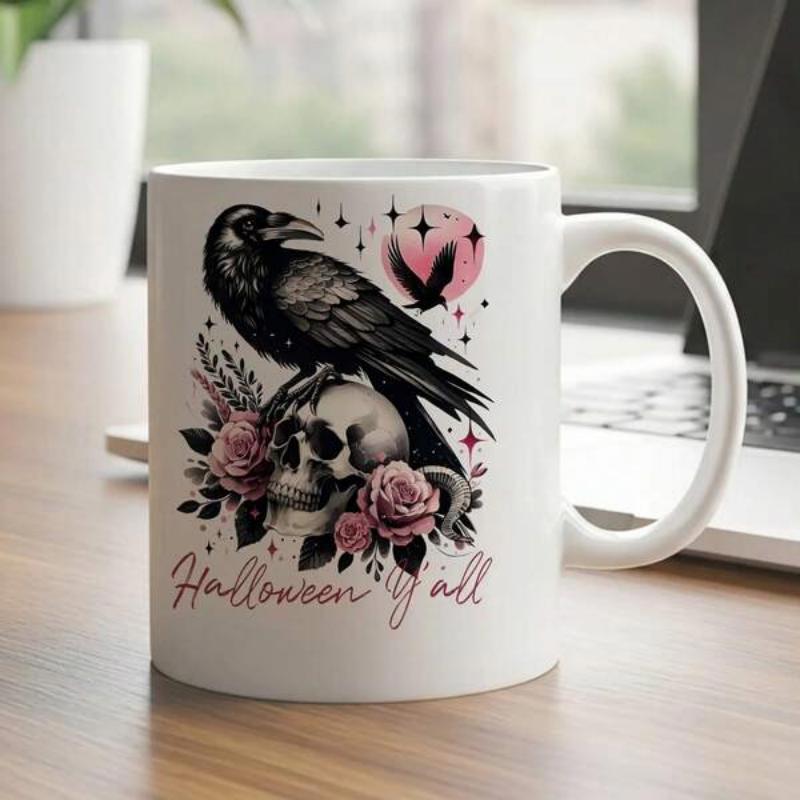 Tailorly White Ceramic 11 oz Mug - Halloween Yall Dark Majestic Bird Perched Atop A Gothic Skull With Blooming Roses Raven