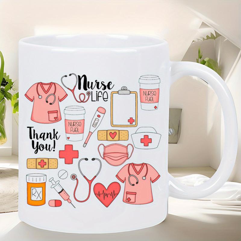 Tailorly White Ceramic 11 oz Mug - Nurse Life Nurse Fuel Thank You Cute Pink Medical Icons Arranged With Stethoscopes And Heart Pattern Collage