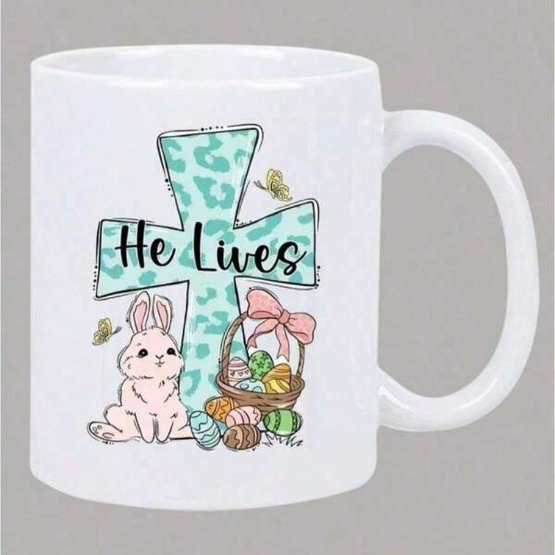 Tailorly White Ceramic 11 oz Mug - He Lives Decorative Patterned Cross With Sitting Pink Bunny And Easter Egg Basket Cross