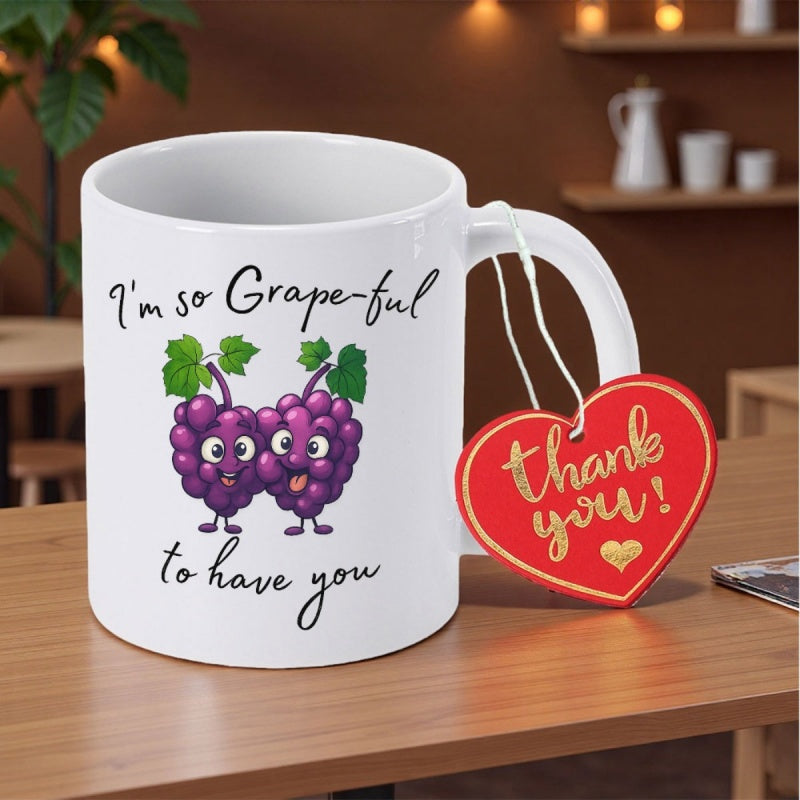 Tailorly White Ceramic 11 oz Mug - I Am So Grapeful To Have You Two Cute Smiling Purple Clusters With Green Vibrant Leaves Grapes