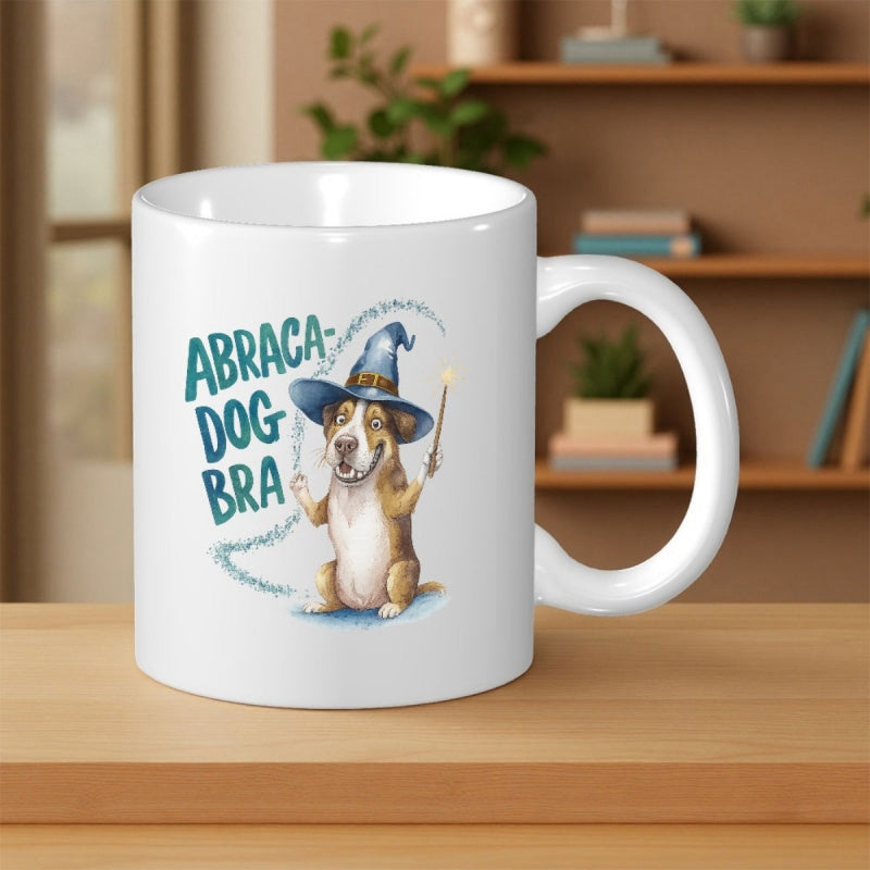 Tailorly White Ceramic 11 oz Mug - Abraca Dog Bra Cute Smiling Dog Wearing Wizard Hat Holding Wand With Magical Sparkles Dog