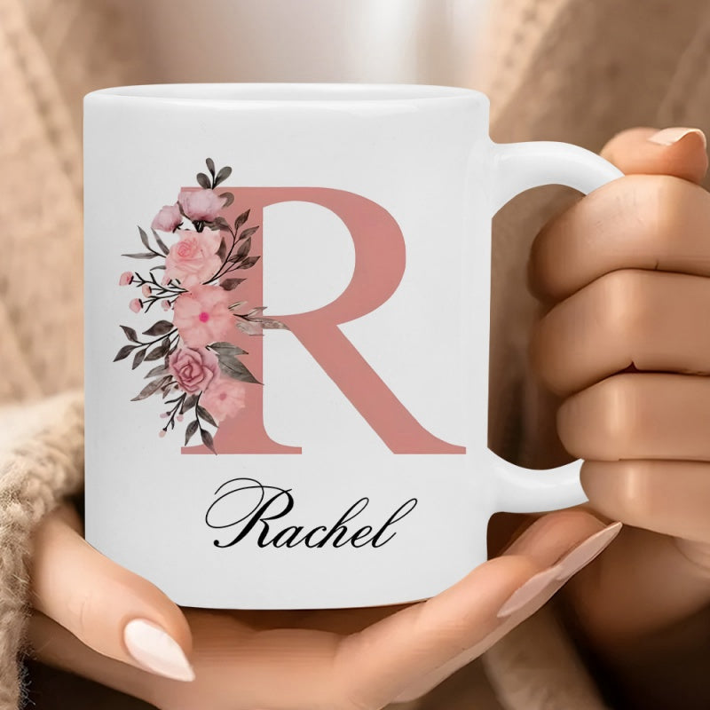 Tailorly White Ceramic 11 oz Mug - Rachel Delicate Rose Pink Floral Blossoms Entwined With Large Serif Style Mug