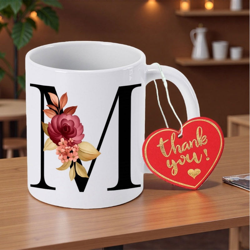 Tailorly White Ceramic 11 oz Mug - M Thank You Elegant Serif Capital Letter With Ornate Roses And Delicate Leaves Letter