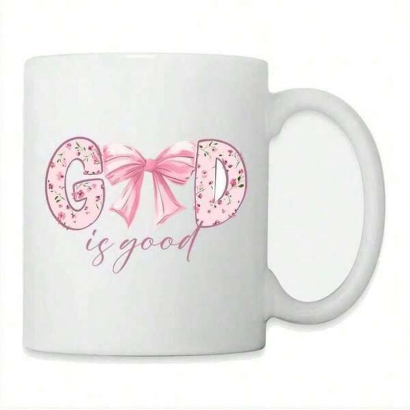 Tailorly White Ceramic 11 oz Mug - God Is Good Elegant Pink Ribbon Bow Among Leopard Patterned Large Pink Text Mug