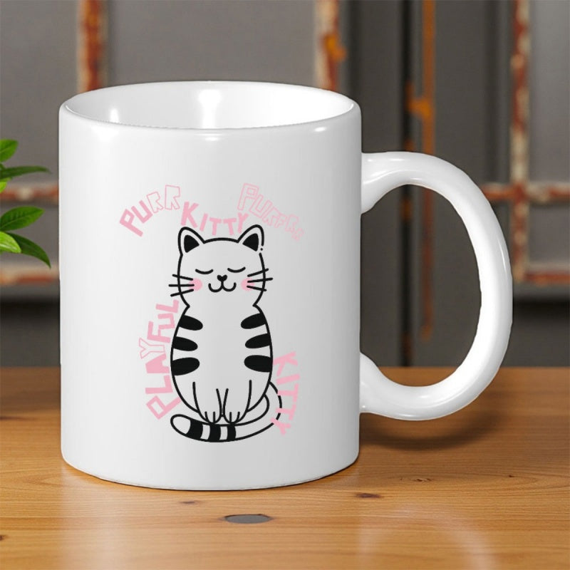 Tailorly White Ceramic 11 oz Mug - Purr Kitty Playful Kitty Purr Cute Cartoon Feline Sitting Calmly With Pink Cheeks And Stripes Cat