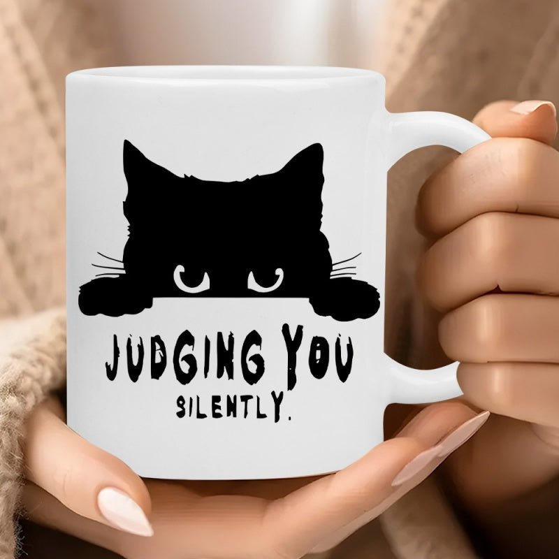 Tailorly White Ceramic 11 oz Mug - Judging You Silently Black Peeking Silhouette Of A Grumpy Looking Minimalist Funny Cute Cat